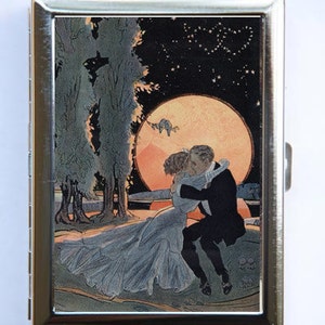 Art Deco Pareja besando caso de cigarrillo id caso Monedero tarjeta de visita titular de la luz de la luna