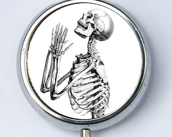 Skeleton Praying anatomy PILL CASE pillbox pill box holder gothic psychobilly horror punk diy vintage