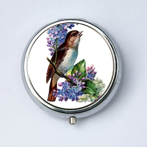 Sparrow flowers PILL CASE pillbox pill holder bird in a tree purple flowers