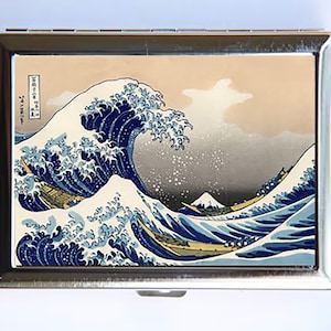 Estuche para cigarrillos La gran ola de Kanagawa Cartera Tarjetero Tatuaje japonés Bloque de madera