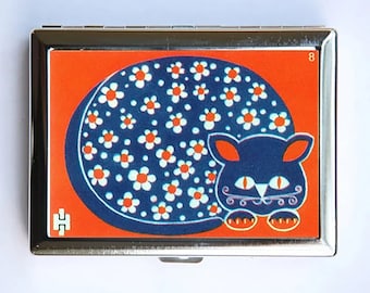 Cigarette Case Blue Cat Wallet Business Card Holder