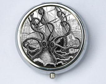 Octopus attacking Ship PILL CASE pill box holder pillbox  STEAMPUNK gothic nautical