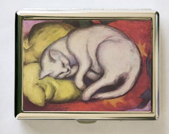 Sleeping White Cat Cigarette Case Wallet Business Card Holder