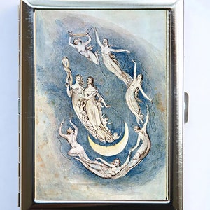 May include: A vintage-style metal cigarette case featuring a watercolor painting of a crescent moon and figures in the sky. The figures are depicted in a circular formation, with their arms outstretched and connected by thin lines. The background is a soft blue and white, creating a dreamy and ethereal atmosphere.