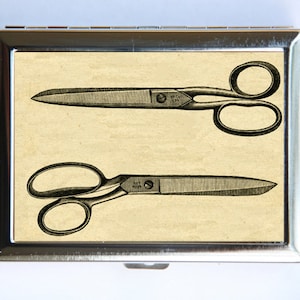 Retro tijeras caja de cigarrillos cartera tarjeta de visita titular de ilustración victoriana sheers