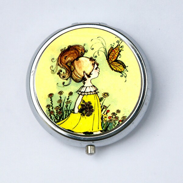 Girl and Butterfly PILL CASE pillbox pill box holder daisy flowers hippy 60s