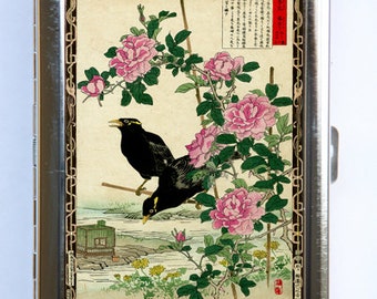 Japanese Crows Roses Cigarette Case Wallet Business Card Holder  tattoo woodblock