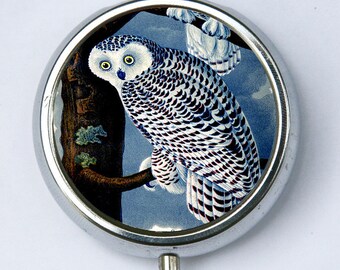 Owl PILL CASE pillbox holder night blue snow owl hipster pretty