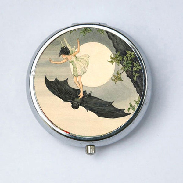 Girl on a Bat Moon Pill case pillbox box holder goth Art Nouveau fairytale