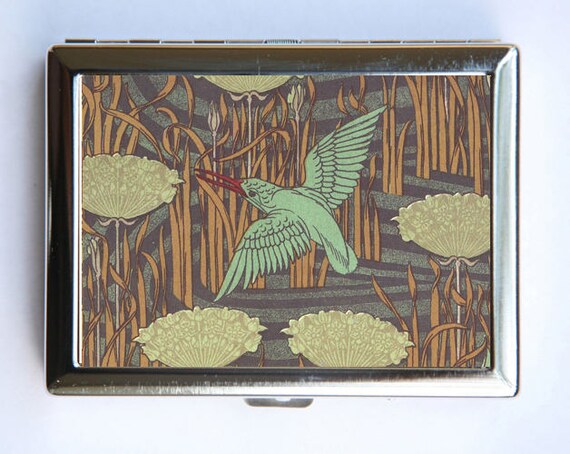 Art Nouveau Kingfisher Bird Floral Cigarette Case Wallet Business Card  Holder