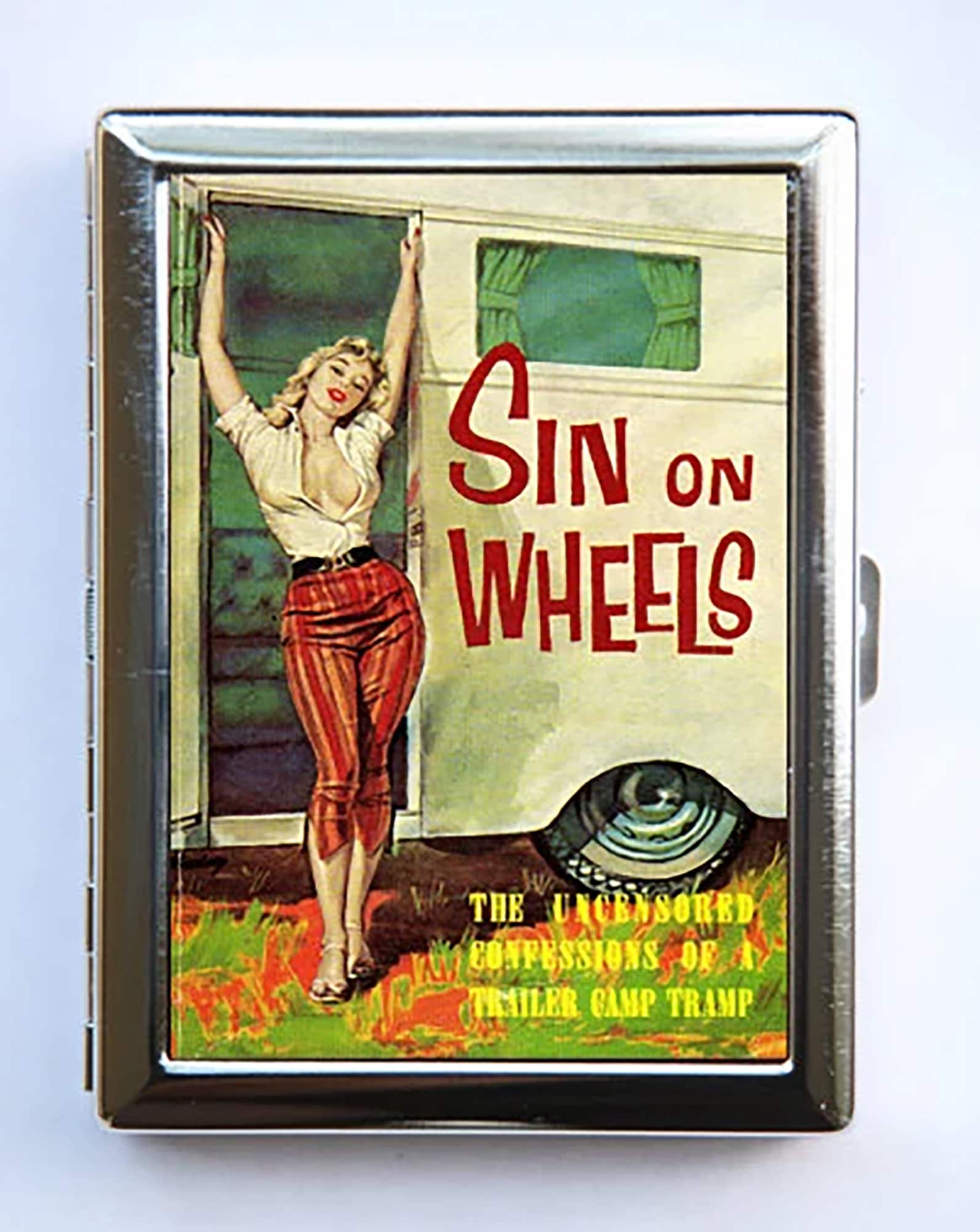 Sin On Wheels Cigarette Case Business Card metal wallet Holder pulp retro rockabilly