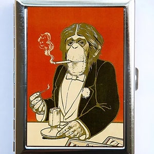 Estuche para cigarrillos con diseño de mono fumando, cartera, tarjetero, estilo retro, antropomórfico, elegante y regio.