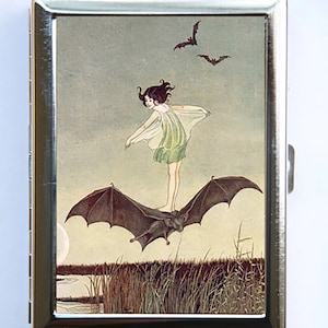 Estuche para cigarrillos con diseño de niña montando murciélago, estuche para identificación, billetera, tarjetero, cuento de hadas Art Nouveau.