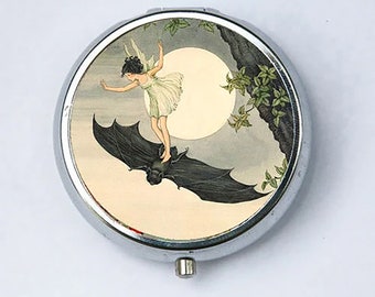 Girl on a Bat Moon Pill case pillbox box holder goth Art Nouveau fairytale
