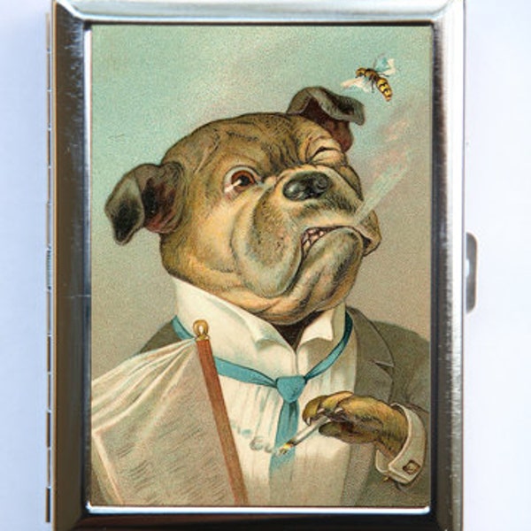 BullDog Smoking Cigarette Case Wallet Business Card Holder funny humor anthropomorphic kitsch