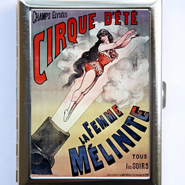 Vintage French Circus Poster Cigarette Case Wallet Business Card Holder Human cannonball sideshow performers freaks