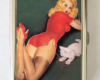 Pin up pinup Cat Cigarette Case Wallet Business Card Holder retro rockabilly