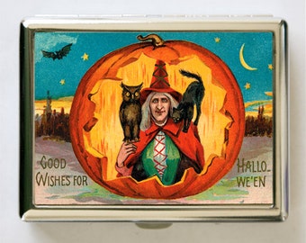 Halloween Cigarette Case Wallet Business Card Holder witch cat owl pumpkin