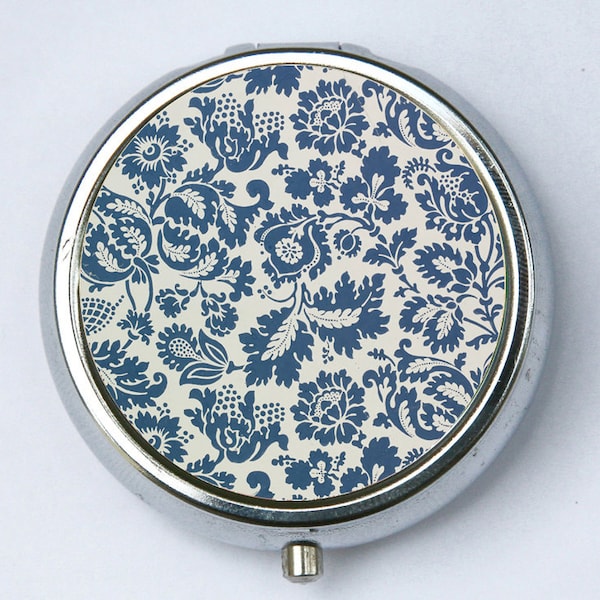 Art Nouveau Floral Blue Grey Pill case pillbox pill holder floral design pattern