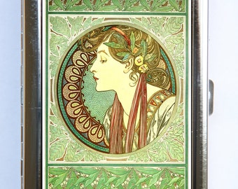 Art Nouveau Goddess Cigarette Case id case Wallet Business Card Holder feuilles vertes