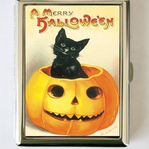 Estuche para cigarrillos con forma de gato y calabaza para Halloween, tarjetero de visita