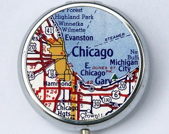 Chicago Illinois Map PILL case pill box pillbox holder Vintage Map