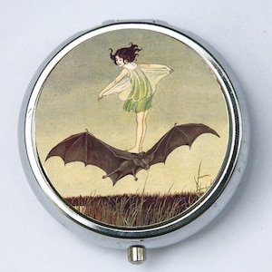 Girl Riding Bat Pill case pillbox box holder goth Art Nouveau fairytale