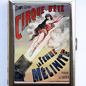 Affiche de cirque français vintage Étui à cigarettes Portefeuille Porte-cartes de visite Artistes de spectacle de boulets de canon humains freaks