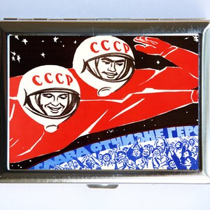 Propaganda espacial soviética, carteira para cigarro, porta-cartões de visita, urss, ccp, rússia, espaço sideral, ficção científica