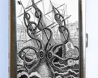 Octopus attacking Ship Cigarette Case Wallet Business Card Holder STEAMPUNK gothic nautical