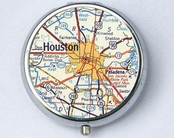 Houston Texas TX PILL case pill box pillbox holder Vintage Map