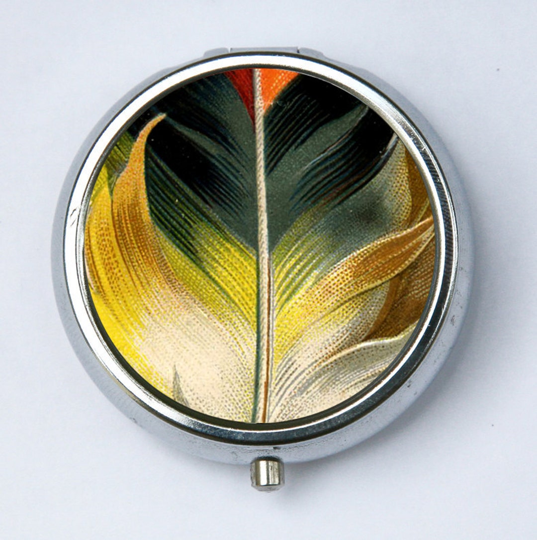 Bird Feather Pillbox Pill Case Box Holder CLOSEUP Vintage Illustration