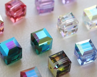 Vintage Swarovski 5601 Crystal Cube Beads, AB, Vitrail Medium, New Old Stock Austrian Square Crystals 8mm