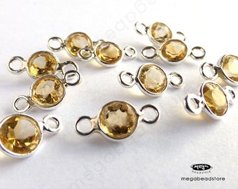 6 pcs 5mm Citrine (Natural Gemstone) Yellow Sterling Silver Bezel Connector Pendants F491