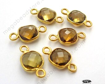 4 pcs Tiny 6mm Square Golden Brown Honey Citrine Natural Gold Bezel Connector F422