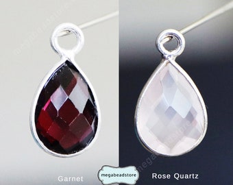 10mm x 7mm Tear Drop Red Garnet, Pink Rose Quartz  Sterling Silver Bezel F382s