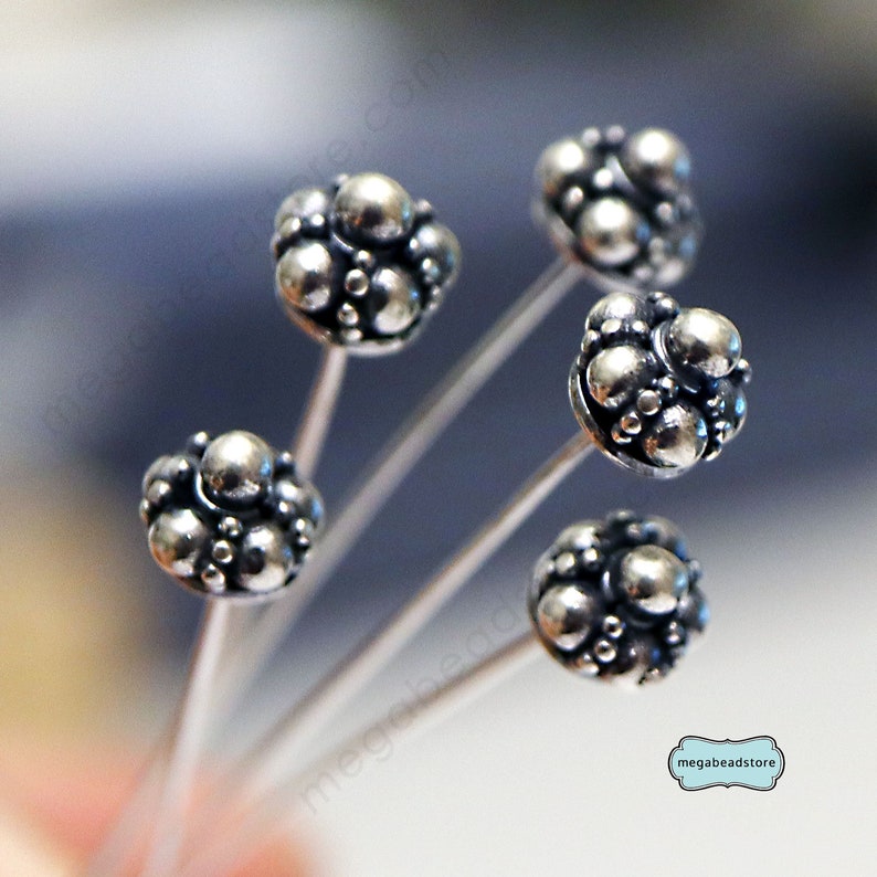 6mm 22 Gauge Bali Ornate Patina Headpins Sterling Silver HeadPins F243