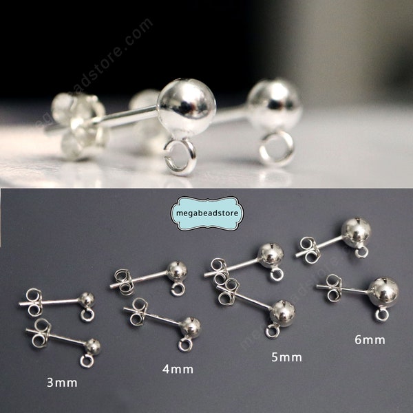 3mm 4mm 5mm Ball Ear Post, Open Ring, With Backing 925 Sterling Silver F58