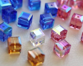 Vintage Swarovski 5601 Crystal Cube Beads, AB, Rose AB, New Old Stock Austrian Square Crystals 6mm
