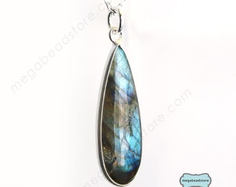 28mm x 10mm Peacock Color Labradorite Bezel Sterling Silver Gemstone Pendant F582-Smooth