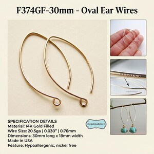 May include: Gold-filled oval ear wires, 30mm long, with a loop at the bottom. The image includes close-up shots and specifications: 14K gold filled, 20.5ga wire, and hypoallergenic. The text on the image reads "F374GF-30mm - Oval Ear Wires".