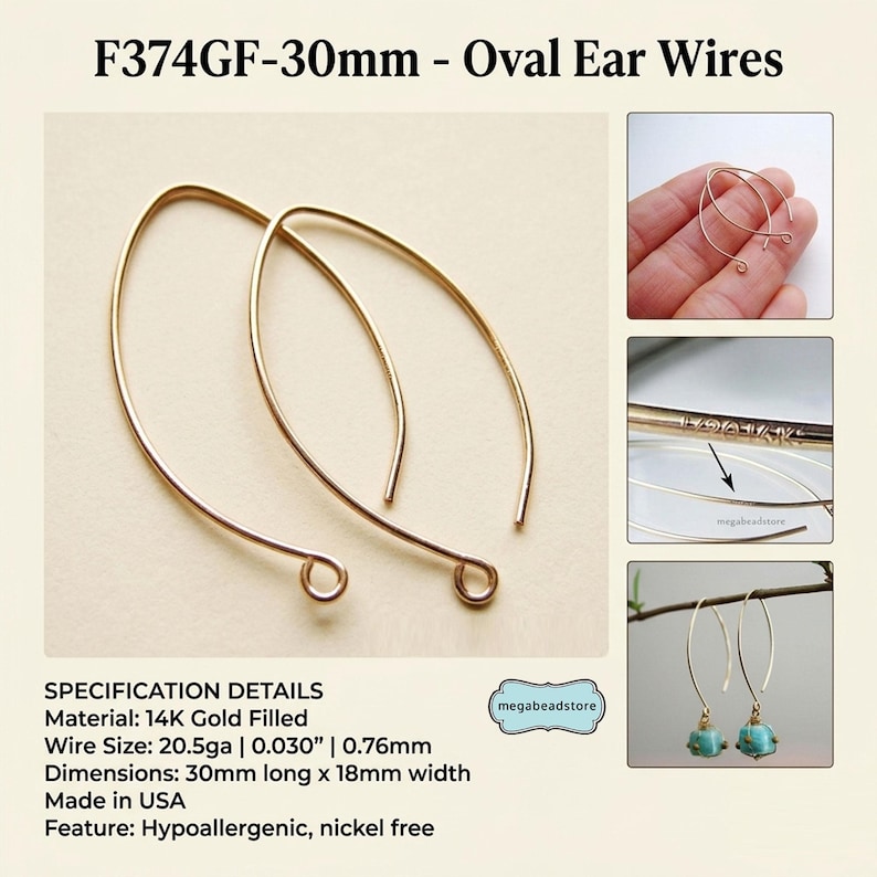 May include: Gold-filled oval ear wires, 30mm long, with a loop at the bottom. The image includes close-up shots and specifications: 14K gold filled, 20.5ga wire, and hypoallergenic. The text on the image reads "F374GF-30mm - Oval Ear Wires".