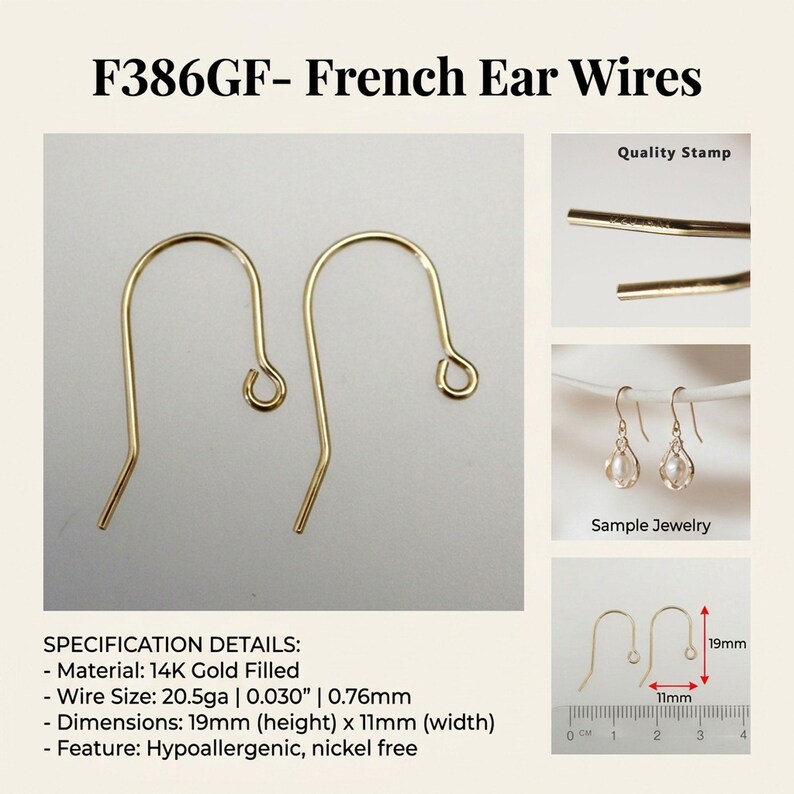14K Gold Filled Earwires French Hook Ear Wires- DIY Jewelry Making Supplies F386GF