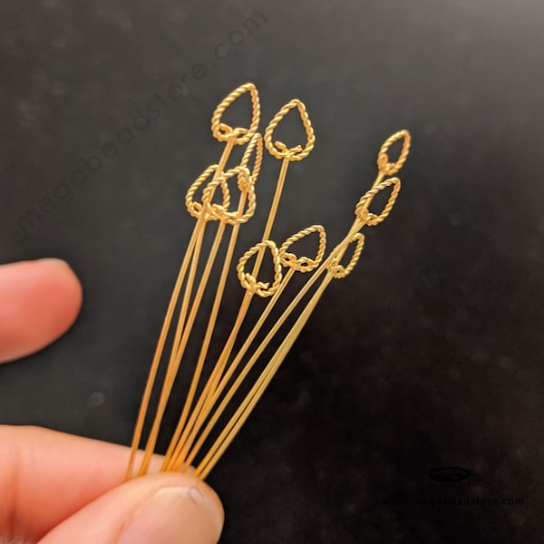 10 pieces  24 Gauge Head Pin Vermeil Gold Bali Heart F255V