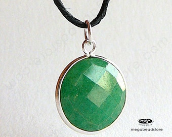 15mm Stone Green Emerald (dyed) Sterling Silver Bezel Gemstone Pendant F403S- 1 pc