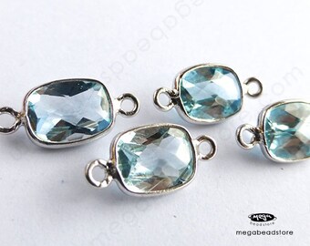 2 pieces 8mm x 6mm Blue Topaz (Natural Gemstone) Rectangle Sterling Silver Bezel Connectors F625S