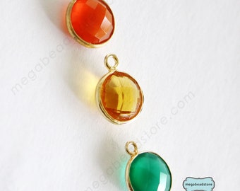 10mm Gold Bezel Stone Charm F383 Red Onyx Orange, Citrine, Green Onyx, Clear Quartz