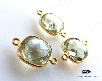 2 pieces 10mm Square Green Amethyst Gold Bezel Gemstone Connector F422
