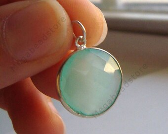 15mm Light Blue Seafoam Aqua Chalcedony Sterling Silver Bezel Pendant F403S