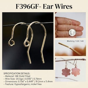 May include: Gold-filled ear wires, labeled F396GF, with a curved hook design. The image shows close-ups of the wire, including a marking of 1/20 14K. The dimensions are 0.756" x 0.449" (19.2mm x 11.4mm).
